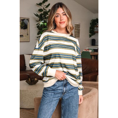 Stripe Crew Neck Drop Shoulder Pullover Sweatshirt