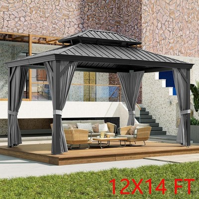 12X14 FT Outdoor Galvanised Steel Hardtop Gazebo Double Roof With Netting & Curtain
