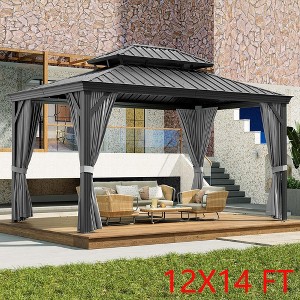 12X14 FT Outdoor Galvanised Steel Hardtop Gazebo Double Roof With Netting & Curtain - 1 of 4