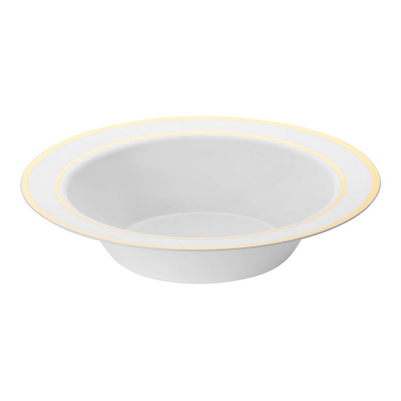 Smarty Had A Party 12 oz. White with Gold Edge Rim Plastic Soup Bowls (120 Bowls), 1 of 5
