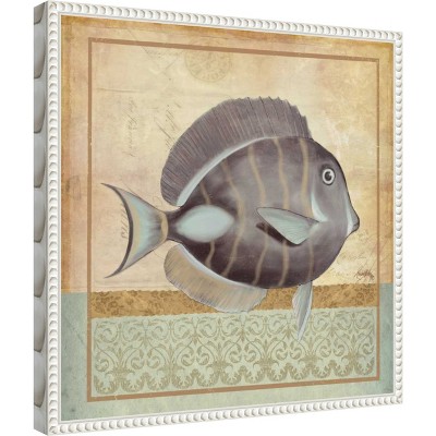 Vintage Fish II Coastal Canvas Wall Art with White Beaded Frame