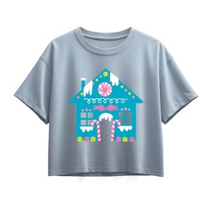 Girls' - Instant Message - Cute Gingerbread House Short Sleeve Boxy Graphic T-Shirt - 1 of 2