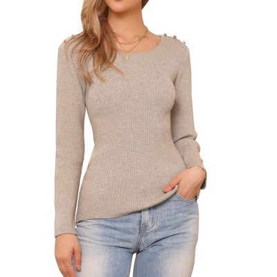 INSPIRE CHIC Women's Ribbed Knit Long Sleeve Crew Neck Button Decor Sweater
