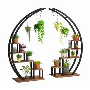 5-Tier Half Moon Plant Stand - Tall Metal & Wood Indoor Plant Shelf with 4 Hanging Hooks - 1 of 4