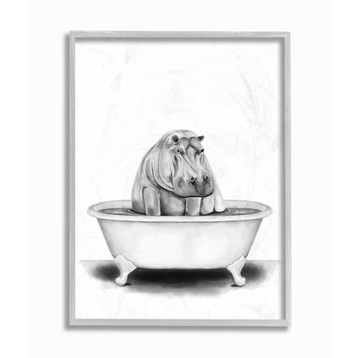Stupell Industries Hippo In A Tub Funny Animal Bathroom Drawing