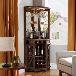 OKD 72" Corner Bar Storage Cabinet, Tall Wine Bar Cabinet w/Barn Door & Adjustable Shelf, Home Bar Cabinet w/LED Light & Glass Rack - 1 of 4