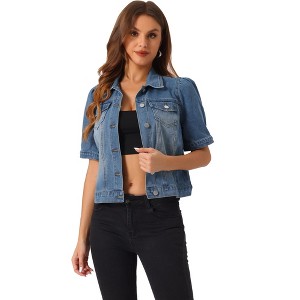 INSPIRE CHIC Women's Casual Short Puff Sleeves Button-Down Jean Denim Jacket - 1 of 4