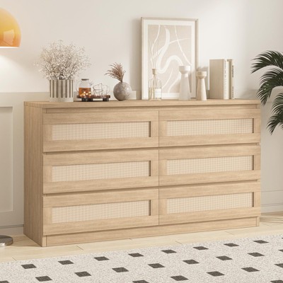 6 Drawer Double Dresser for Bedroom, Rattan Dresser for Bedroom with Smooth Mental Slide, Modern Wood Dresser Chest for Bedroom, Living Room, Hallway