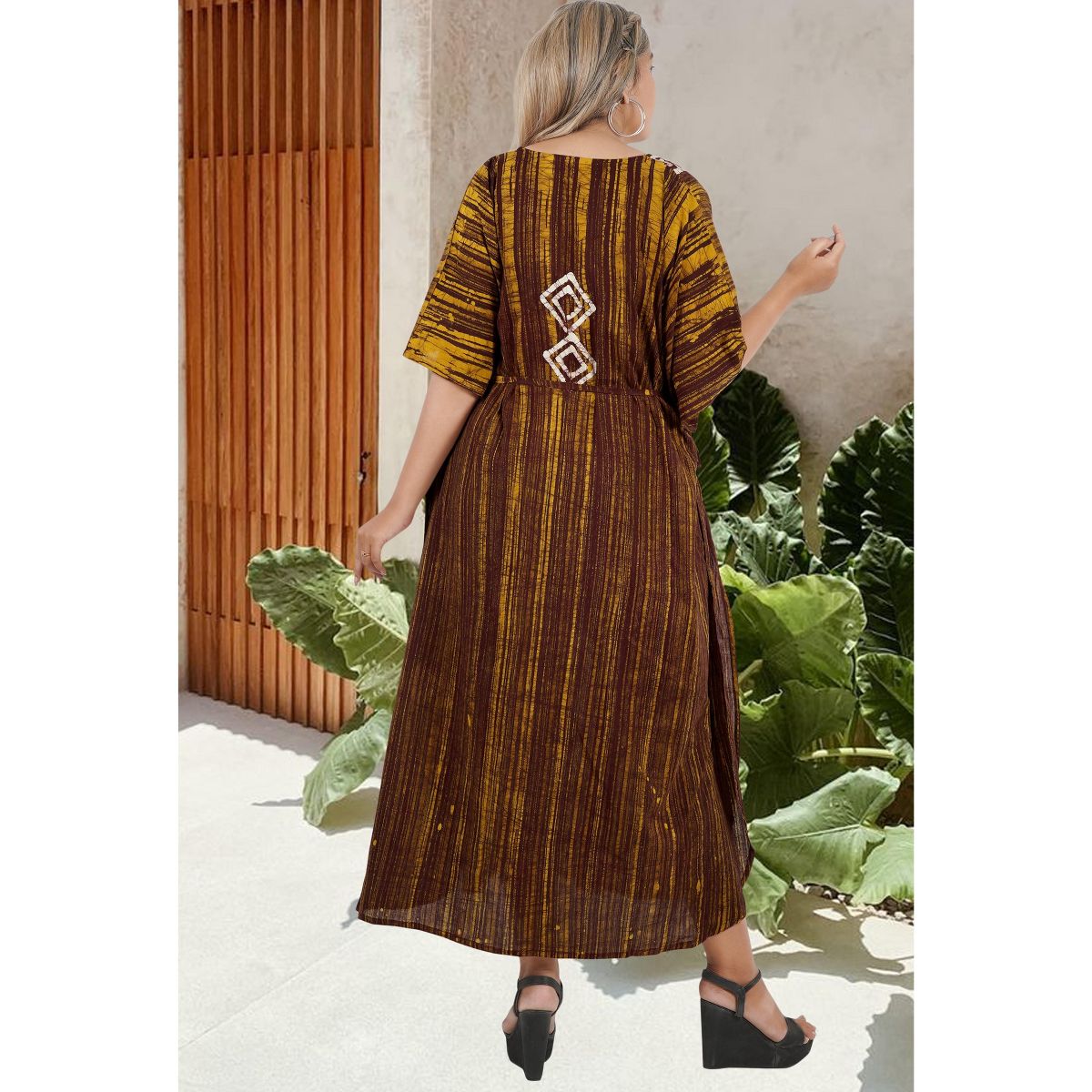 LA LEELA Summer Cotton Premium Caftan Dress for Women Resortwear Vacation Cruise Holiday Loungewear Beachwear Outfit 2X-3X Brown Geometric - thumbnail 2