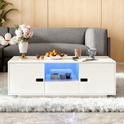 LIVAREEmlen Coffee Table with LED Lighting and Storage, Contemporary Living Room Table with Hidden Compartments