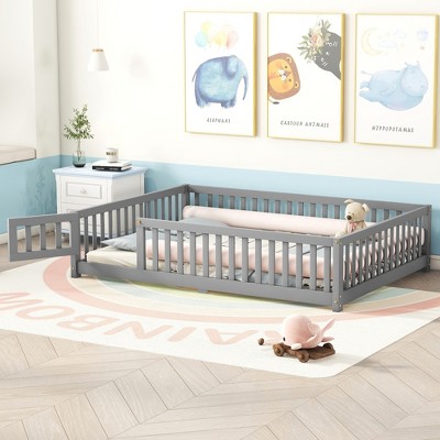 ALEXOUN Kids Floor Bed with Fences and Door,Floor Bed with Safety Guardrails and Support Slats,Wooden Kids Platform Bed Frame,Natural Color