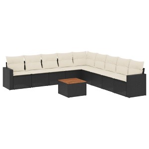 vidaXL Patio Sofa Set with Cushions Outdoor Furniture 10 Piece Poly Rattan - Black and Cream - 1 of 4