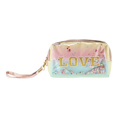 Unique Bargains Women Sequin Embroidery LOVE Makeup Bag Pink Blue Yellow 1 Pc
