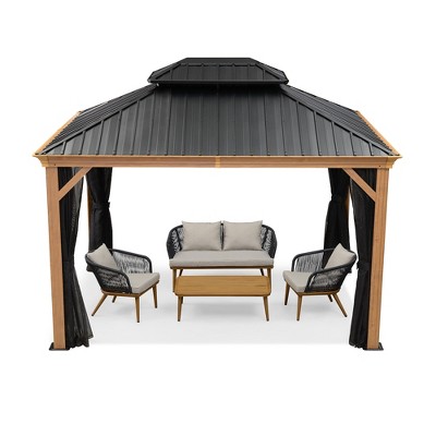 PURPLE LEAF Outdoor Hardtop Gazebo for Patio Galvanized Steel Double Roof Permanent Canopy Teak Finish Aluminum Frame Pavilion Gazebo with Netting