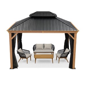 PURPLE LEAF Outdoor Hardtop Gazebo for Patio Galvanized Steel Double Roof Permanent Canopy Teak Finish Aluminum Frame Pavilion Gazebo with Netting - 1 of 4