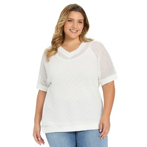Women's Plus Size Waffle Knit Side Slit Crochet V Neck Half Sleeve Loose Casual Blouses - GRACE & GRANDEUR - 1 of 4
