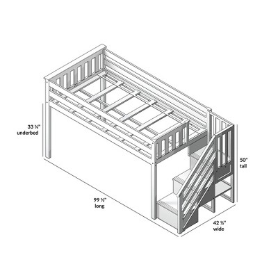 White Twin Low Loft Bed with Storage Stairs and Pine Frame