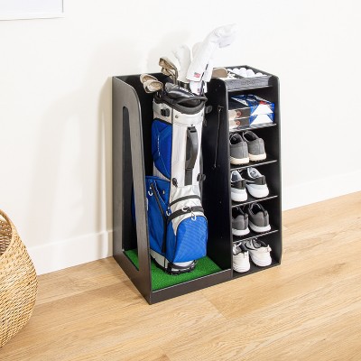 Black Wooden Freestanding Golf Bag Organizer with Multiple Compartments