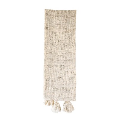 Handwoven Cream Polyester Throw Blanket with Tassels