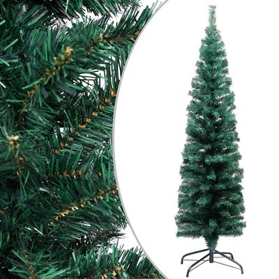 vidaXL Slim Artificial Christmas Tree - LED Lit, with Ball Set, Green, 82.7" - Reusable PVC Holiday Decor with Sturdy Steel Stand