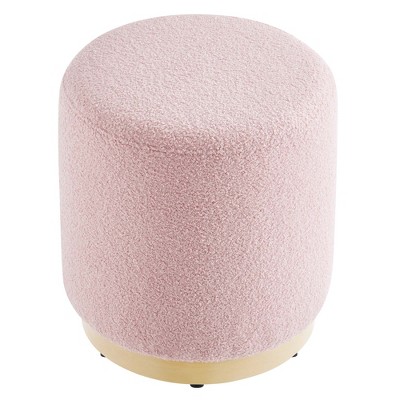 Blossom Pink Sherpa Upholstered Round Ottoman with Rubberwood Base