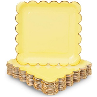 Sparkle and Bash 48-Pack Pastel Yellow Square Disposable Paper Plates, Gold Foil Scalloped Edge 9 In
