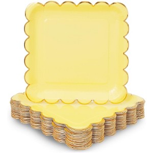 Sparkle and Bash 48-Pack Pastel Yellow Square Disposable Paper Plates, Gold Foil Scalloped Edge 9 In - 1 of 3