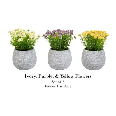 Lifelike Floral Trio in Concrete-Finish Pots - Ivory, Yellow, & Purple