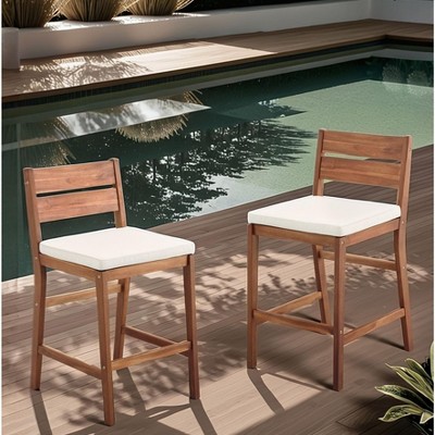 GDFStudio Vivien Modern 23.5" Outdoor Solid Acacia Wood Upholstered Counter Stool(Set of 2)