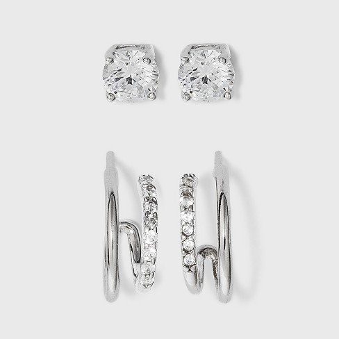Sterling Cubic Zirconia Silver Ball Studs and Hoop Trio Earring Set - A New  Day™ Silver
