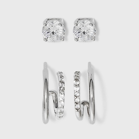 Women's Sterling Silver Stud Earrings Set with Round Cubic Zirconia 3pc - A  New Day™ Silver