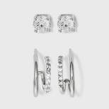 Sterling Silver Cubic Zirconia Double Post Hoop Earring Set 2pc - A New Day™ Silver