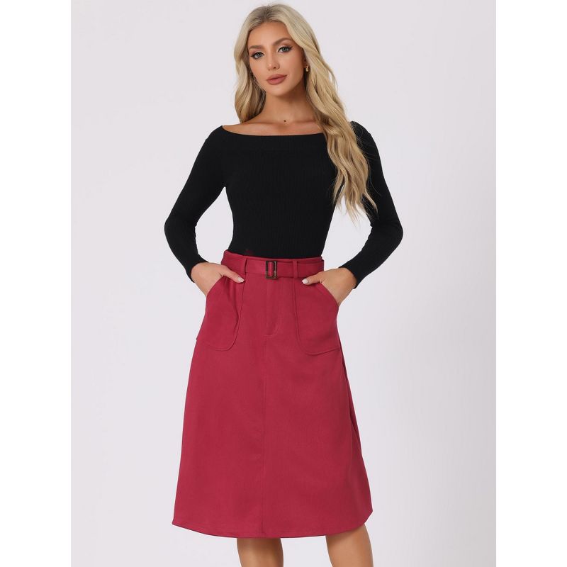 Allegra K Women's Casual Faux Suede Pockets Stretch A-line Midi Skirt with Belt, 3 of 6