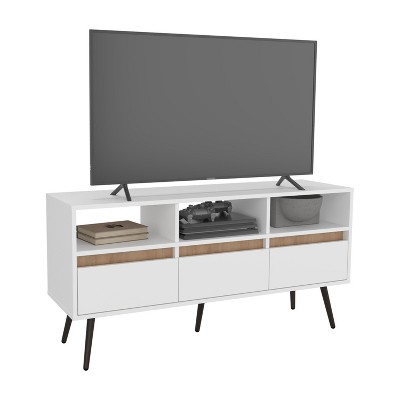 Vynxaria Modern TV Stand, Storage Unit, 3 Drawers, 3 Shelves, White/Natural Oak, Compact Design