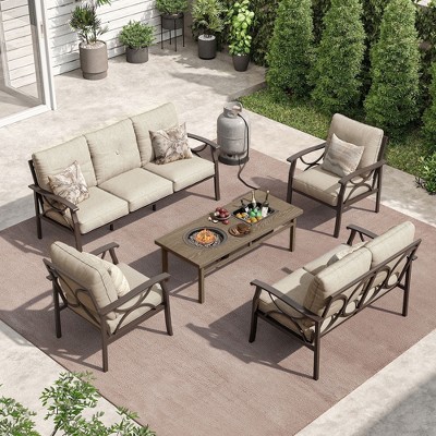 HeynemoOutdoor Patio Furniture Set, 5 Piece Patio Conversation Set with Fire Table and Ottomans, Metal Furniture Set for Porch Backyard Garden