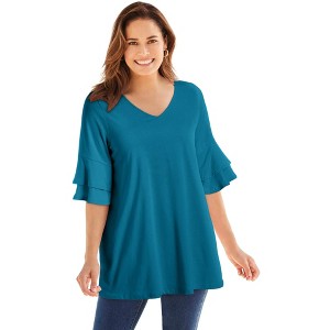 Woman Within Plus Size Ruffled Elbow-Sleeve Tunic - 1 of 4