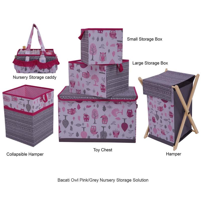 Bacati - Owls Pink/Gray Girls Cotton Storage Box Small, 5 of 7