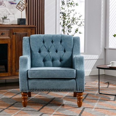 VYNXARIA Blue Accent Chair with Footrest - Stylish Tufted Armchair for Living Spaces