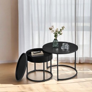 Set of 2 Nesting Round Coffee Tables with Hidden Storage, Modern Side Tables with Adjustable Feet for Living Room, Office - 1 of 4