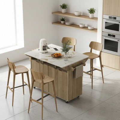 Homy Casa 55.5" Fluted Kitchen Island with Drop Leaves, Power Outlet & Storage Cabinets