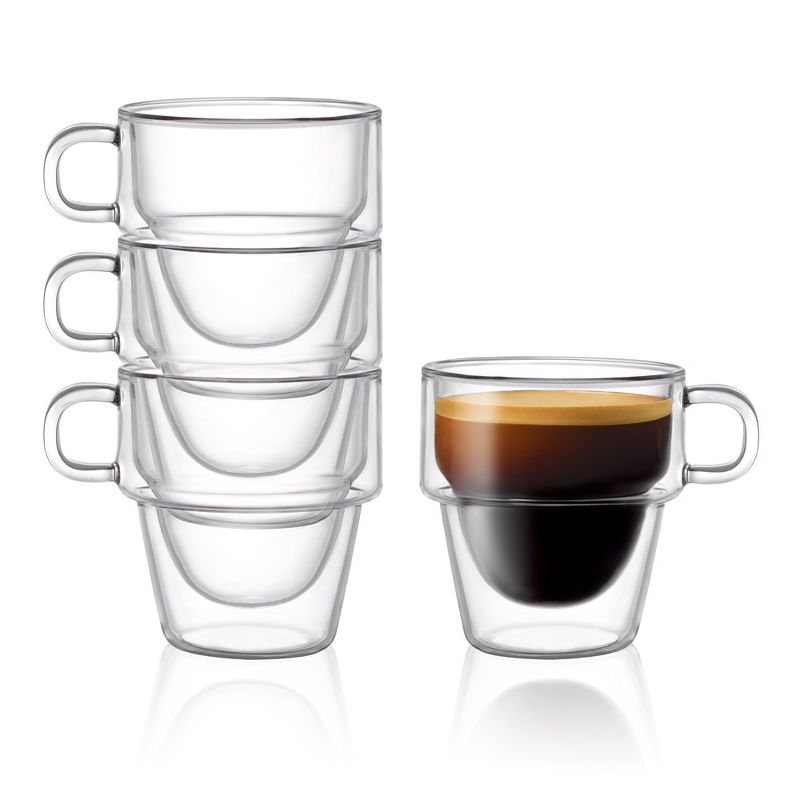 JoyJolt Stoiva Double Walled Espresso Glass Cups - Set of 4 Stackable Shot Mugs with Handle - 5 oz, 1 of 7