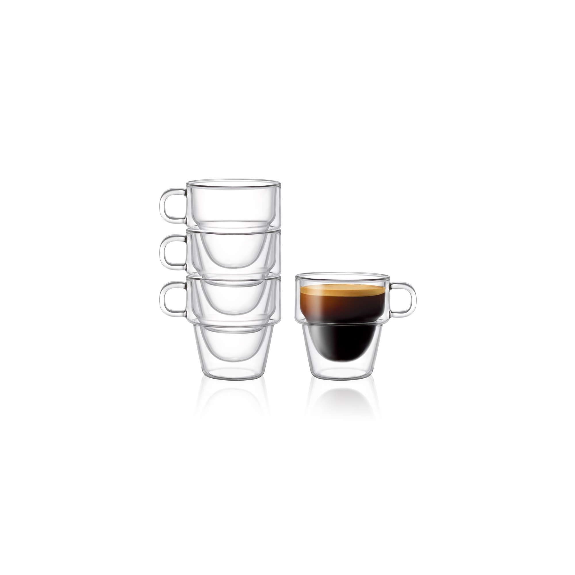 JoyJolt Stoiva Double Walled Espresso Glass Cups - Set of 4 Stackable Shot Mugs with Handle - 5 oz
