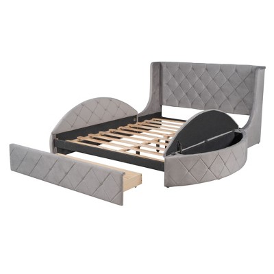 NicBex Queen Size Velvet Platform Bed with Wingback Headboard,1 Drawer and 2 Side Storage Stool for Adults