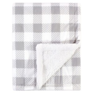 Hudson Baby Infant Plush Blanket with Faux Shearling Back, Gray Plaid, One Size - 1 of 2