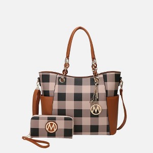 MKF Collection Bonita Checker Tote & Wallet Set - Stylish Vegan Leather Bag by Mia K - Cognac Brown - 1 of 4