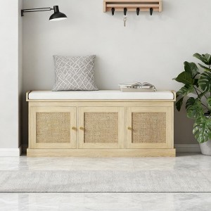 PAGED Rustic Storage Bench, Wood Entryway Shoe Bench with Removable Cushion and Woven Rattan Doors, Foot Stool for Entryway, Living Room - 1 of 4