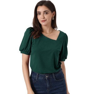 Allegra K Women's Asymmetrical V Neck Blouse Casual Puff Short Sleeve Top - 1 of 4