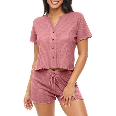 ADR Women's Pajamas Set, Soft Ribbed Knit Waffle Pajamas Lounge Set, Short Sleeve Button Up Top and Pajama Shorts