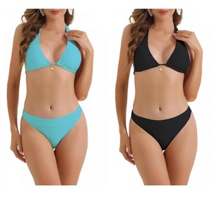 INSPIRE CHIC Women's Halter Ribbed Wide Strap Tie Back Triangle Bottoms Swimwear Bathing Bikini Suits 2 Sets - 1 of 4