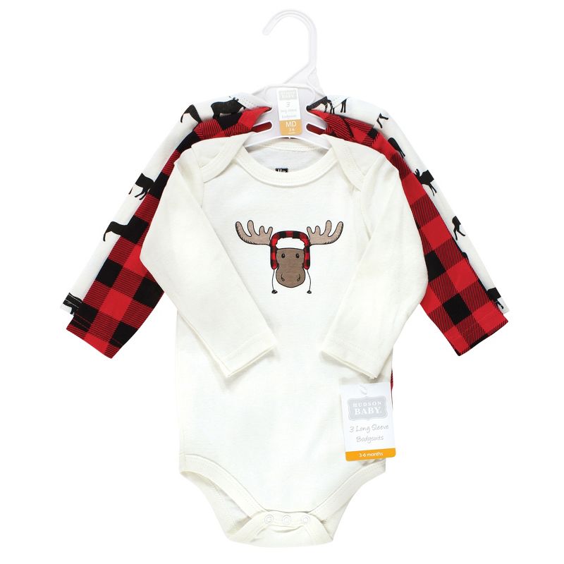 Hudson Baby Infant Boy Cotton Long-Sleeve Bodysuits, Winter Moose 3-Pack, 3 of 7